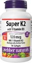 Webber Naturals Super Vitamina K2 MK-7 120 mcg con vitamina D3, 90 Softgels, soporta huesos, dientes y sistema cardiovascular