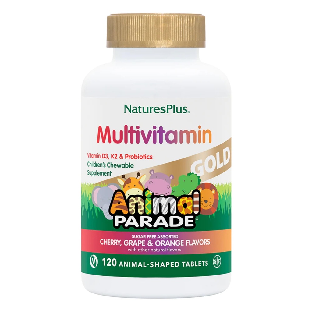 Natures Plus Animal Parade Gold Children's Multivitamin - 120 Animal-Shaped Chewable Tablets - Assorted Cherry, Orange &amp; Grape Flavors - Vegan, Gluten Gratis - 60 Total Servings