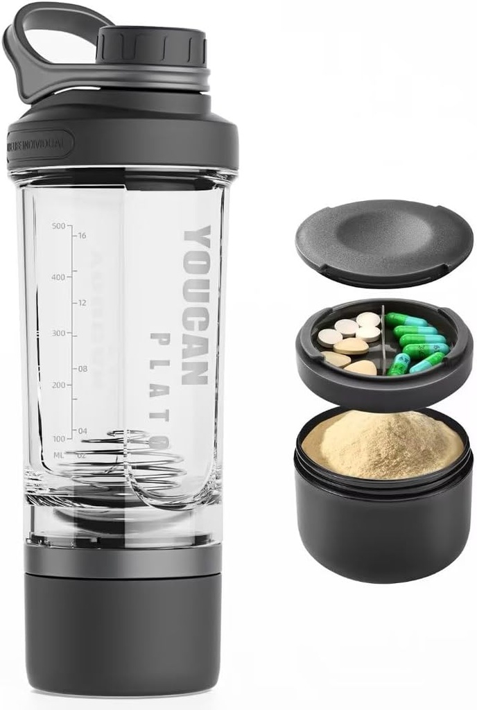 21oz Botella Protein Shaker con Powder Storage Container-Shaker Cups for Protein Shakes-pre workout bottle-Mixer Cup-Gym Sport Water Bottle -Fabricada con Tritan BPA Gratis, con Wire Whisk Balls (Black)