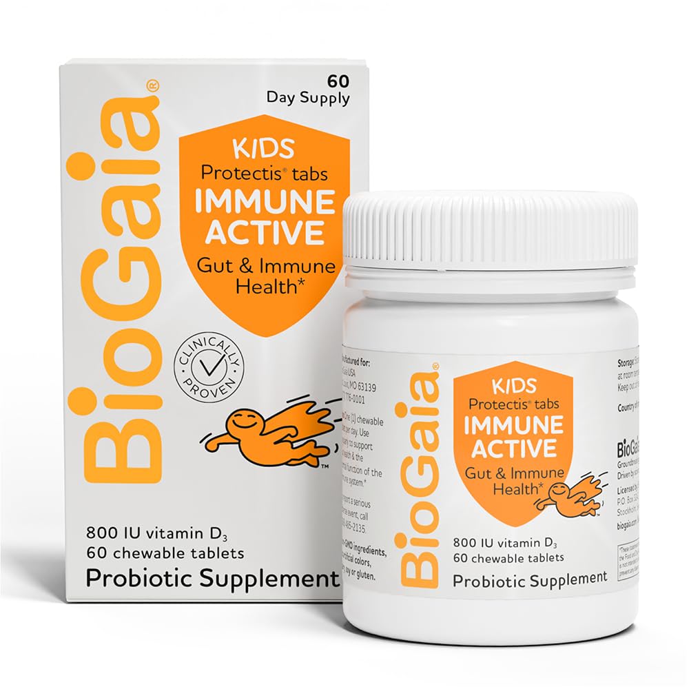 BioGaia Immune Active Kids ← Probiótico + Vitamina D Silencio para la salud digestiva e inmunitaria Edades 3+ ← Allergen, Dairy, Soy &amp; Gluten Free ← Confianzada por los pediatras 60 Day Supply ← Orange Flavored Chewable