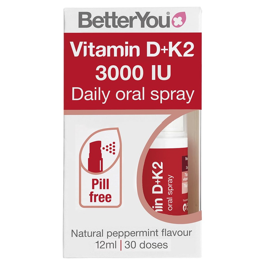 BetterYou D3000 and K2 Vitamin D Daily Oral Spray - Alternativa Conveniente para Tablets - Soportes Bone Health and Boost Immune System - Prevents Blood Clotting - Natural Peppermint Flavor - 0.4 oz
