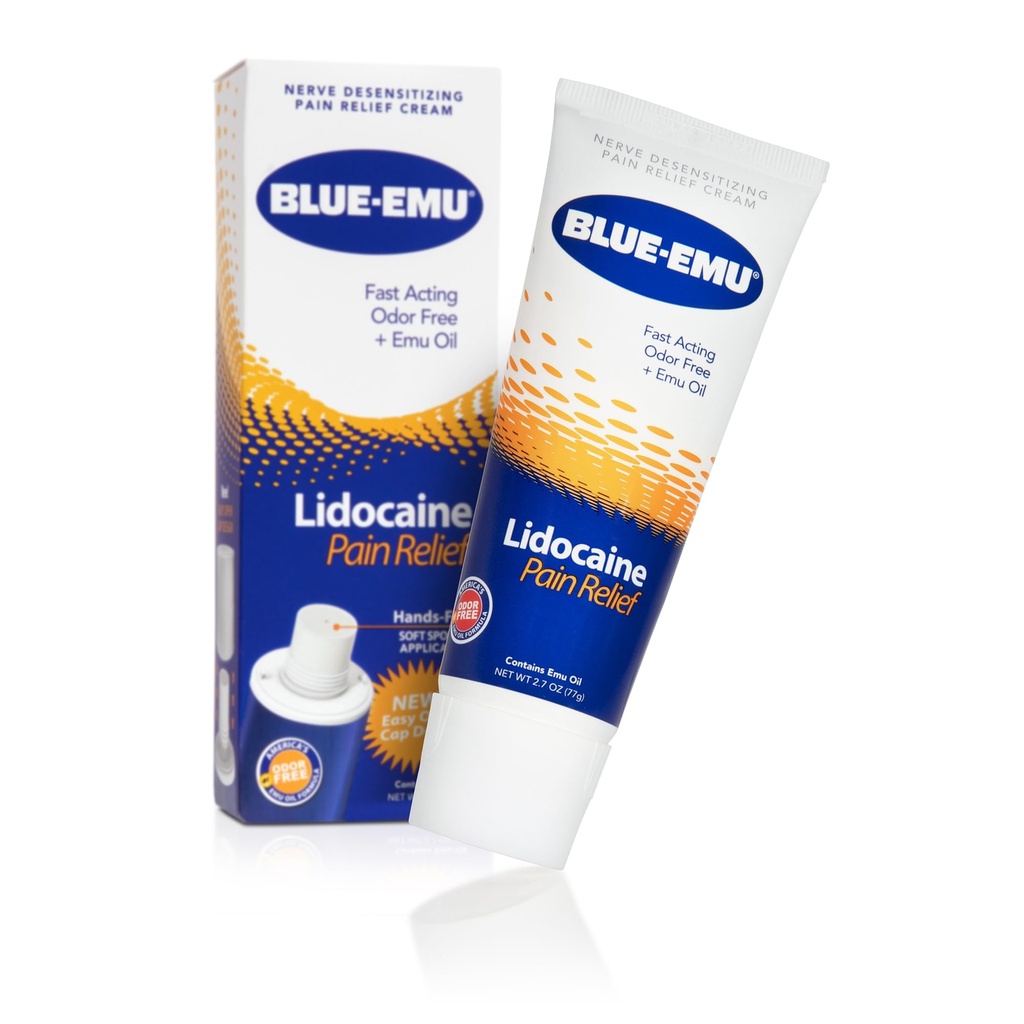 Crema de Alivio de Dolor Lidocaina BLUE-EMU para Alivio de Dolor rápido, Alivio de Numerosos, 2.7 Oz, 1 Pack