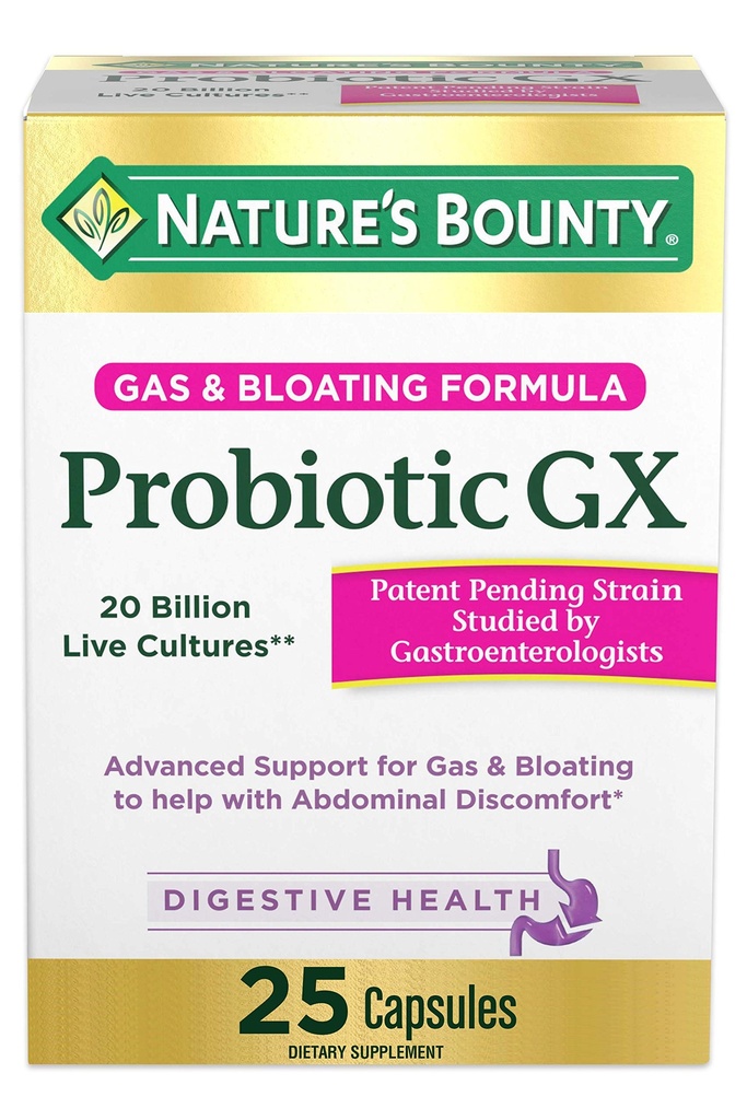 Bounty Probiotic GX, Ayuda con Gas ocasional y Bloating, Suplemento dietético, Salud Digestiva, 25 cápsulas