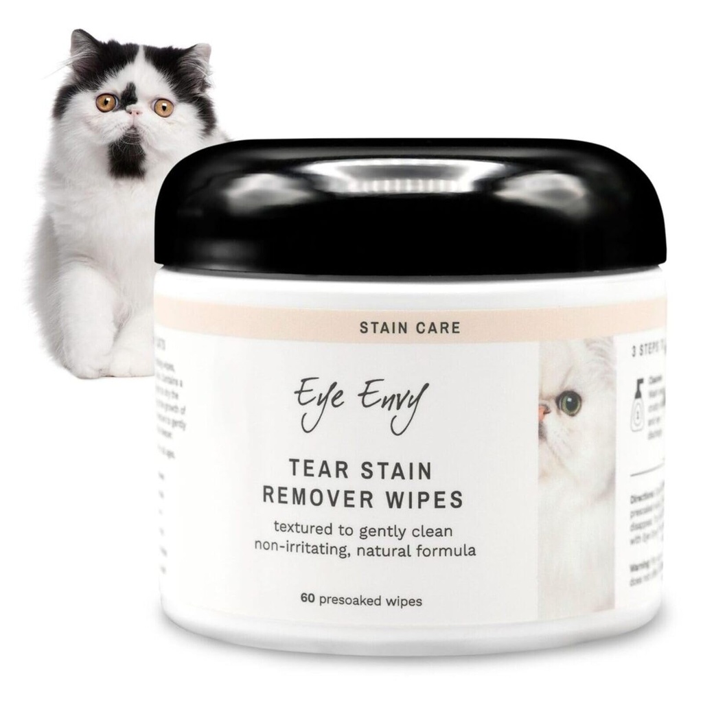 Ojo Envidio Las cuerdas de manguito para gatos. Texturizado a suavemente limpio, trata la causa de la retención. Fórmula 100% Natural. Recomendado por Persian &amp; Exotic Breeders, Vets, Groomers. USA Made. 60 Cat Eye Wipes