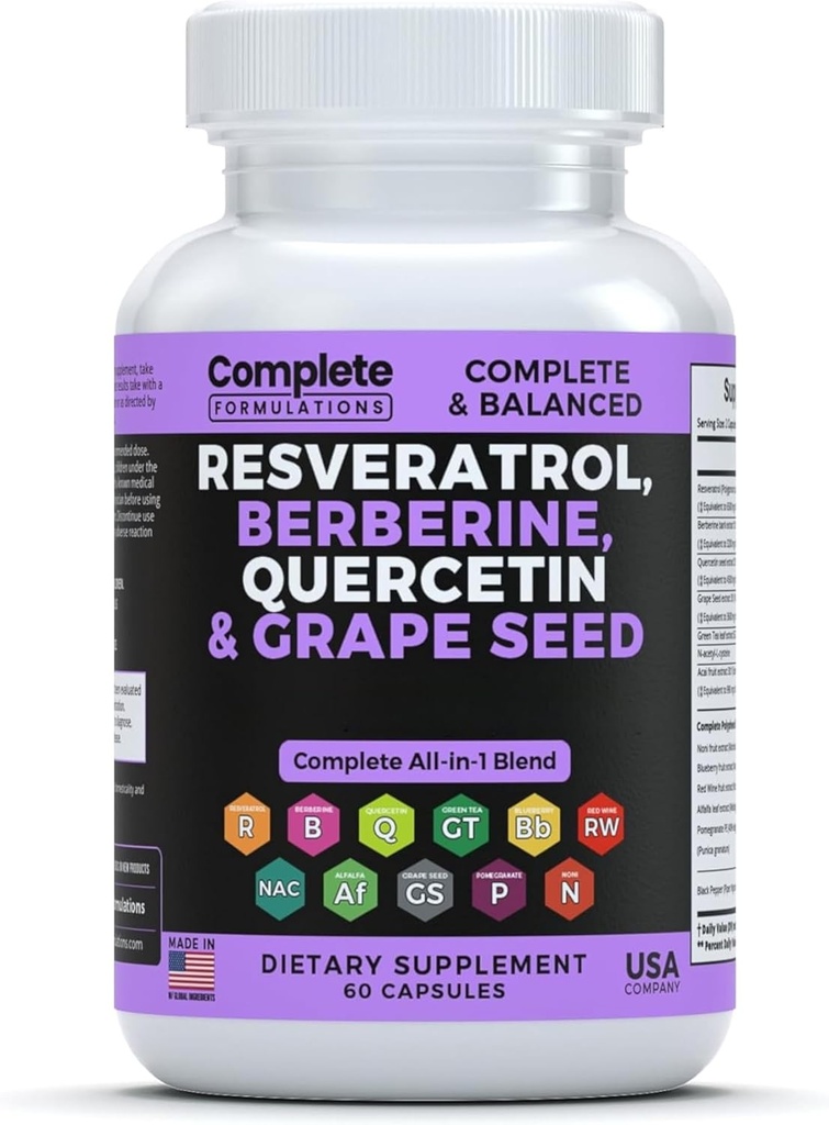 Suplemento de Resveratrol con Quercetina, Berberina, Extracto de semillas de uva " Polyphenol Blend for Skin Health, Immune Support " Antioxidant Boost