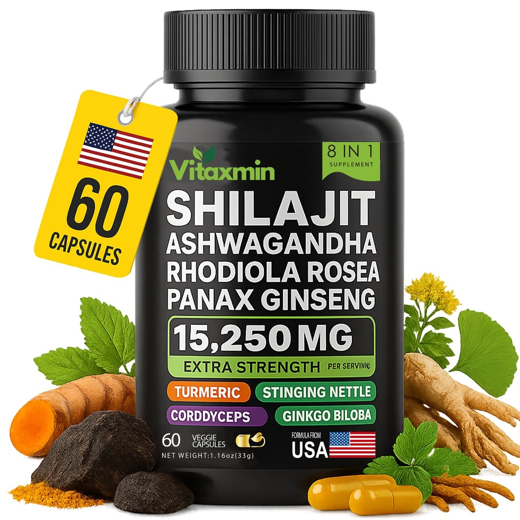 Shilajit y Ashwagandha Capsules, 8-en-1 Herbal Multivitamin para Hombres y Mujeres, con Rhodiola Rosea, Ginseng y Stinginginging Nettle, Shilajit para Hombres y Mujeres