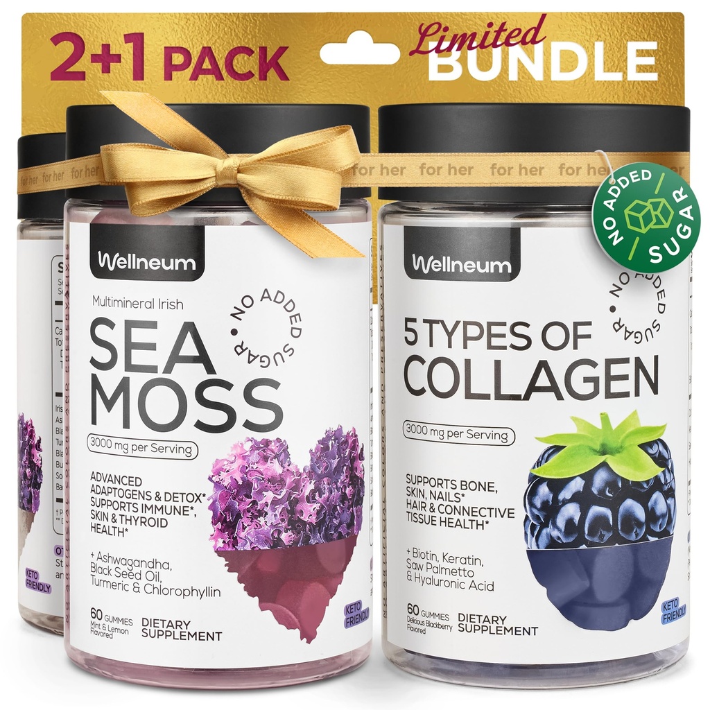 Collagen and Sea Moss Gummies Bundle - Colagen Peptides, Irish Sea Moss, Biotin, Keratin, Bladderwrack - Suplemento Gummy para la inmunidad, Detox, Healthy Hair, Skin and Nails - para hombres y mujeres