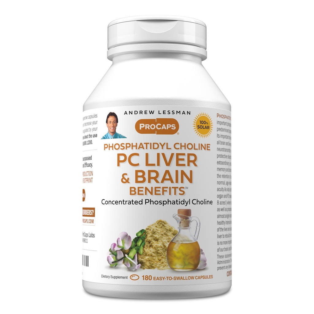 ANDREW LESSMAN PC Liver and Brain Benefits 180 Softgels - Phosphatidyl Choline, el bloque de construcción más importante para el hígado saludable y la estructura cerebral, función. Sin aditivos. Easy to Swallow Softgels