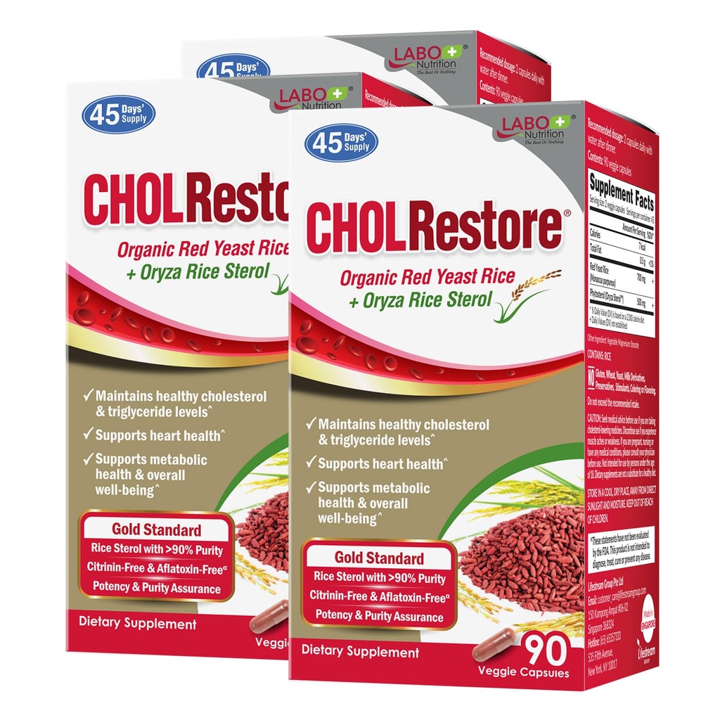 LABO Nutrition CHOLRestore – Red Yeast Rice with Phytosterol Health Supplement, Supports Healthy Cholesterol Levels, Citrinin " Aflatoxin Free, 90 Vege Capsules 3x3