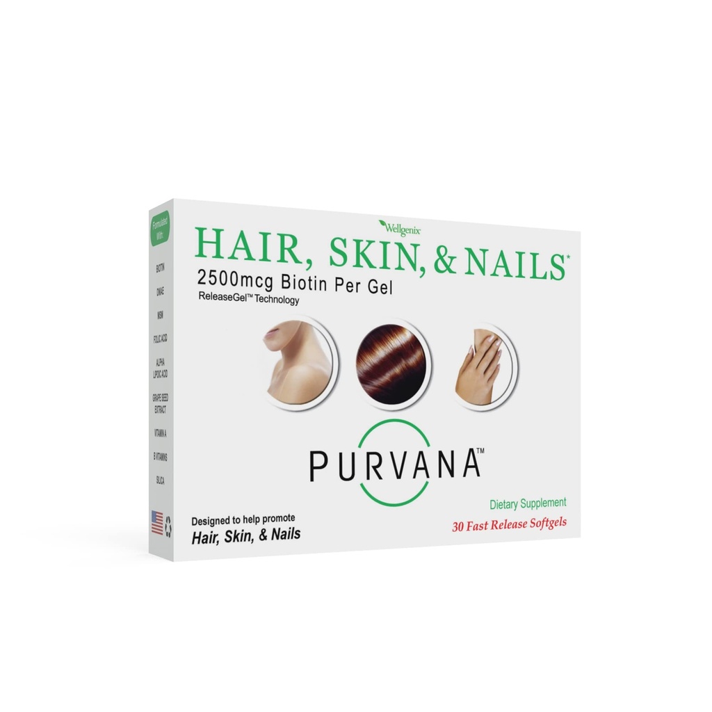 Wellgenix Purvana Hair, Skin, and Nails Vitamina - 2500mcg Biotin, Folic Acid, DMAE, Grape Seed Extract - One a Day Softgels - PCOS & Postpartum Hair Loss Support - (30 Count)