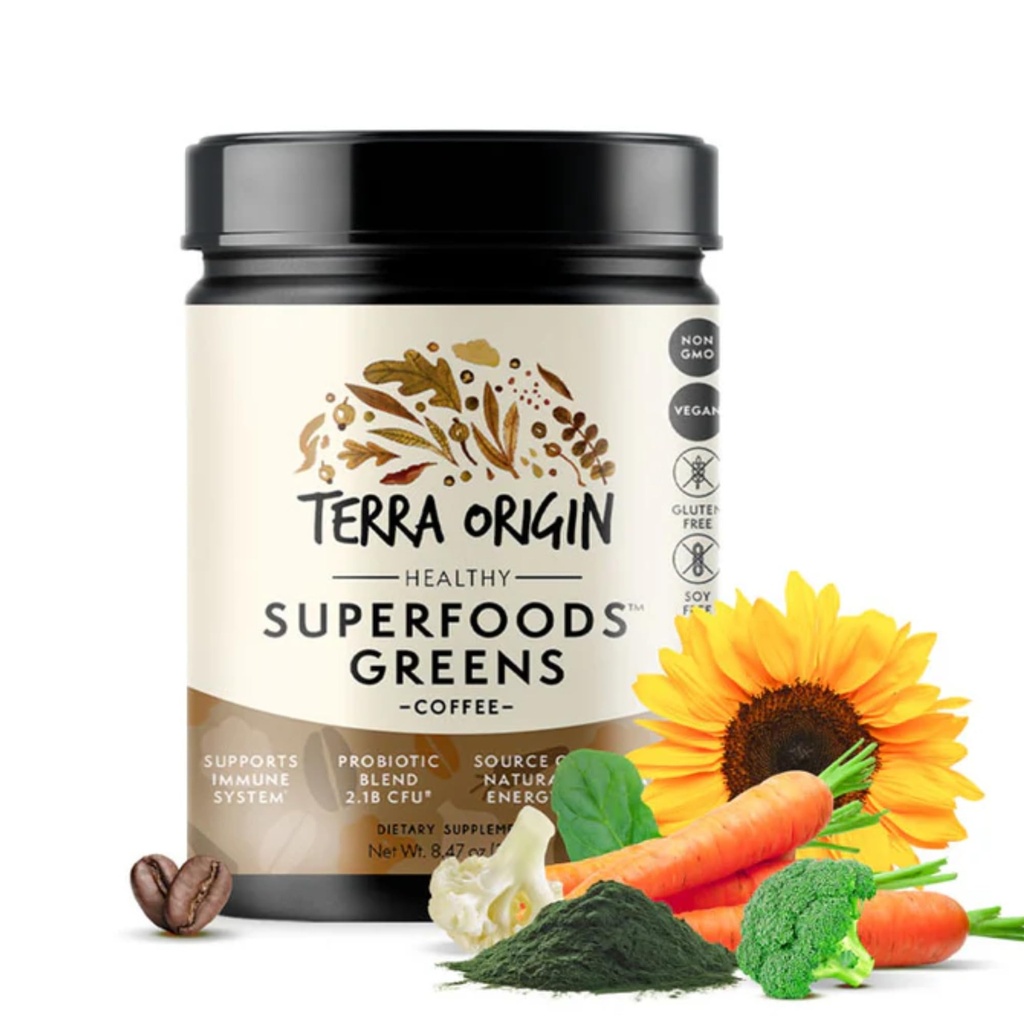 TERRA ORIGIN Superfoods Greens Blend Immune and Digestive Support ¦ Organic Vegetable Supplement with Tumeric, Milk Thistle, Green Tea, Chlorella ← Non-GMO, Gluten-Free, Vegan ← Café Silencioso 30 Servings