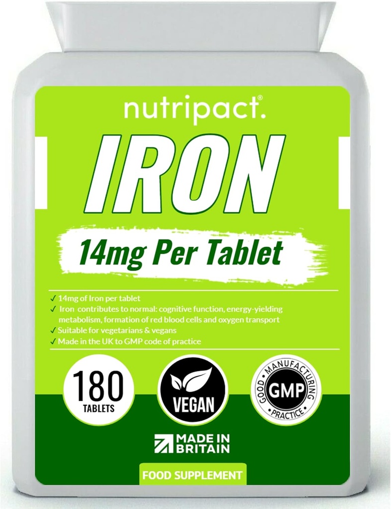 Tablas de Hierro 14mg - Fácil de Tragar Fórmula de un día - Ayuda a reducir la fatiga y la fatiga, Booster de Energía, apoya el sistema inmunológico, la formación de células de sangre roja - 6 meses de suministro - 180 suplemento vegano