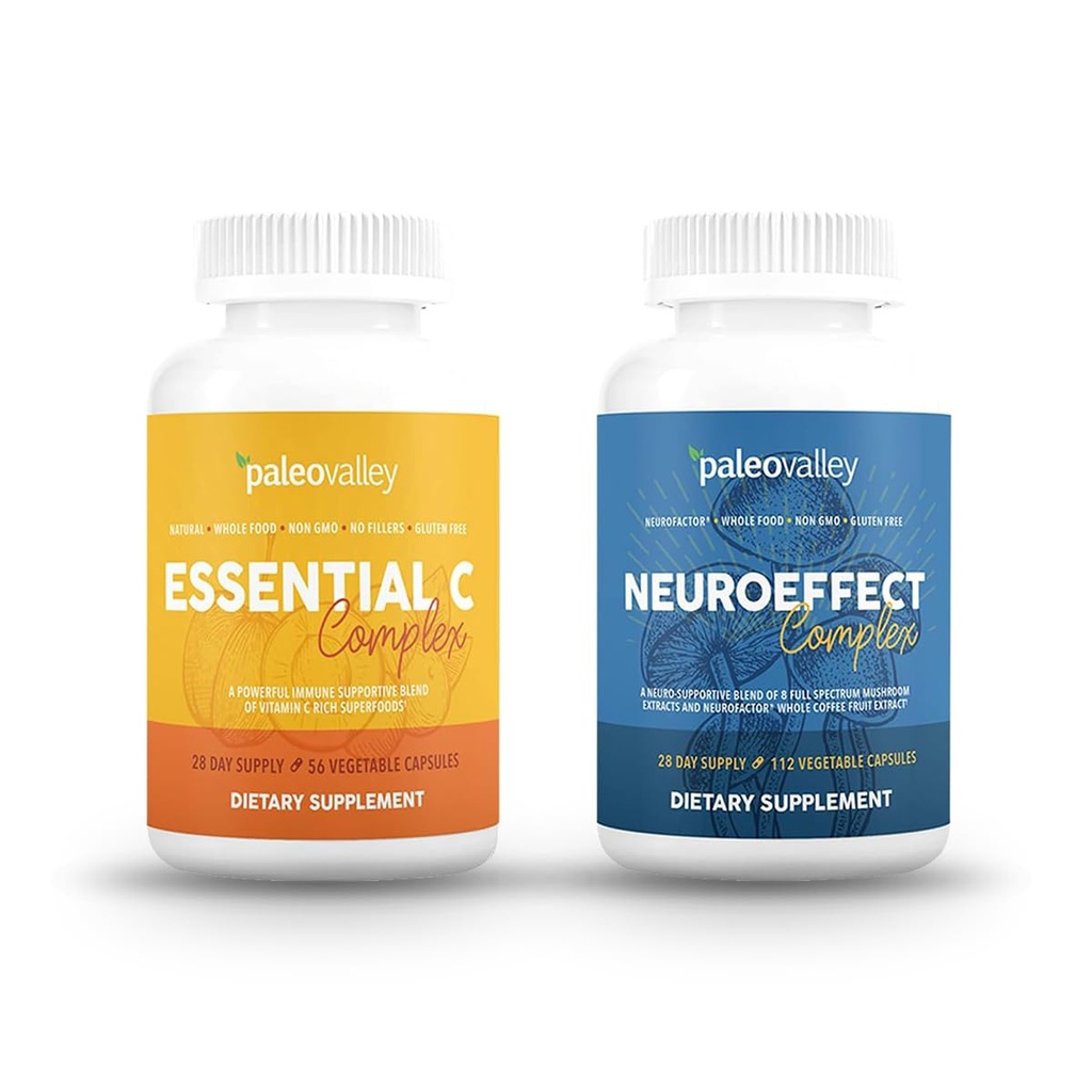 Paleovalley NeuroEffect + Esencial C Complejo Bundle - Extracto de café de hongos neuro, Vitamina C Suplemento 450g Focus, Memoria, Energía, Apoyo Inmunitario, Superalimentos Orgánicos