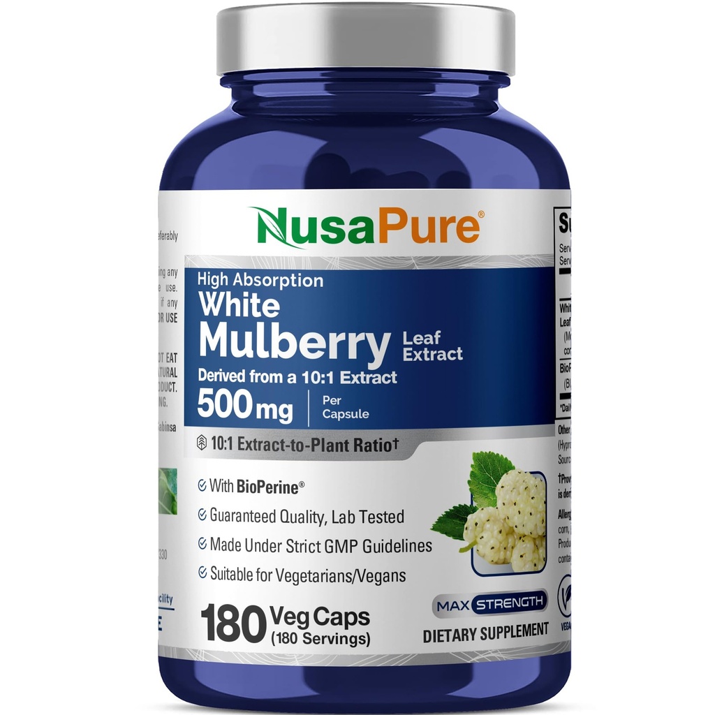 NusaPure White Mulberry Leaf Extracto 10:1 Extracto, 500 mg Equivalente a 5000mg 180 Veg Caps (Vegan, No GMO Bioperina)