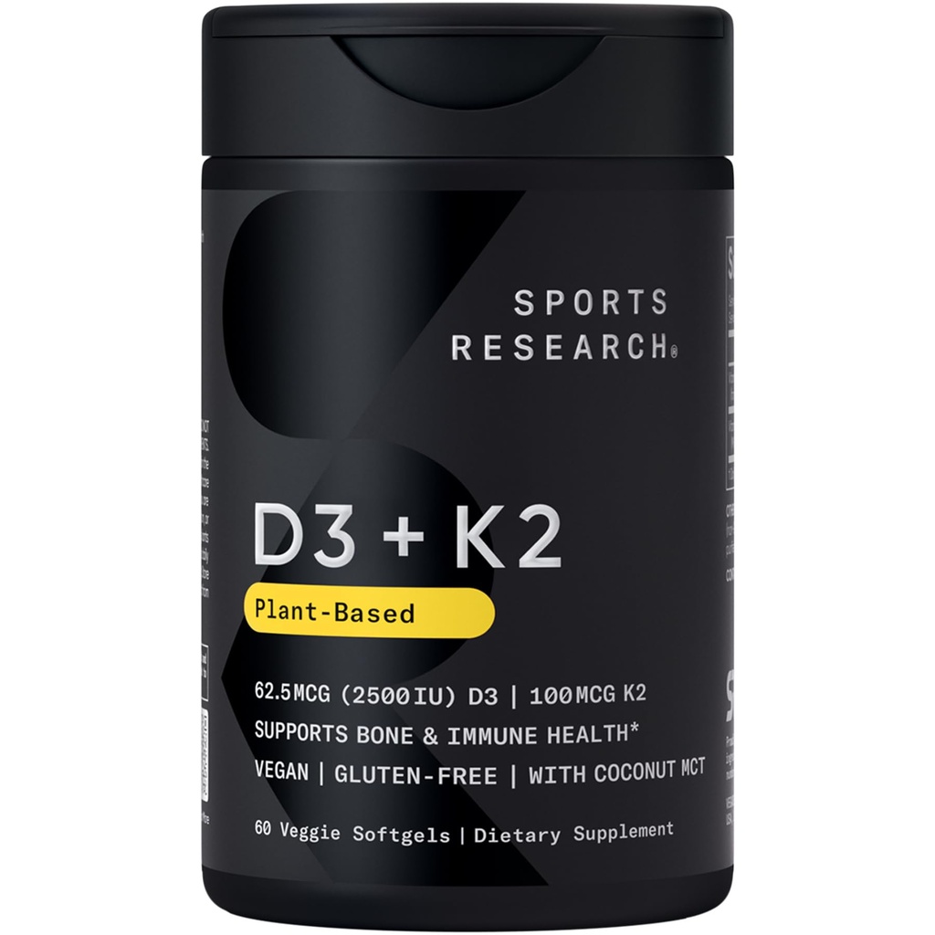 Sports Research® Vitamin D3 + K2 w/Coconut Oil - Vegan Vitamina D 2500iu (62.5mcg) & Mk7 Vitamin K 100mcg para Bone &amp; Immune Support - Vegan Certified · Non-GMO · Soy Free - 60 Softgels