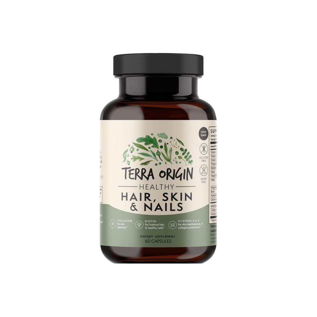 TERRA ORIGIN Healthy Hair, Skin and Nails Supplement TEN Collagen, Biotin, Horsetail &amp; B-Complex TENIDO Apoyos Hair Strength, Skin Elasticity &amp; Nail Growth TEN Vitaminas para Mujeres y Hombres
