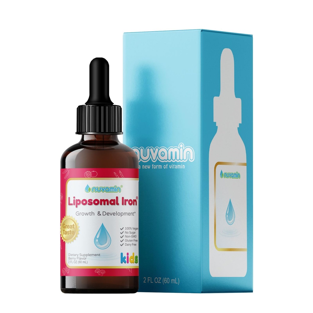 Nuvamin – gotas de hierro liposómico líquido para bebé, niños pequeños, adolescentes, 2Fl.Oz (60ml), 120 Daily Serving. Gran sabor - Todo natural - Vegan - No hay sabor metálico, sabor Berry