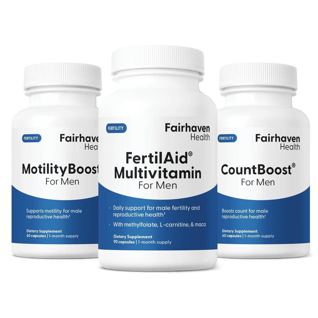 Fairhaven Health FertilAid for Men, MotilityBoost, and Countboost Combo Silencio Fertilidad Suplementos para Hombres Silencio Hombre Fertilidad Suplemento Concepción para él Vitamina Prenatal