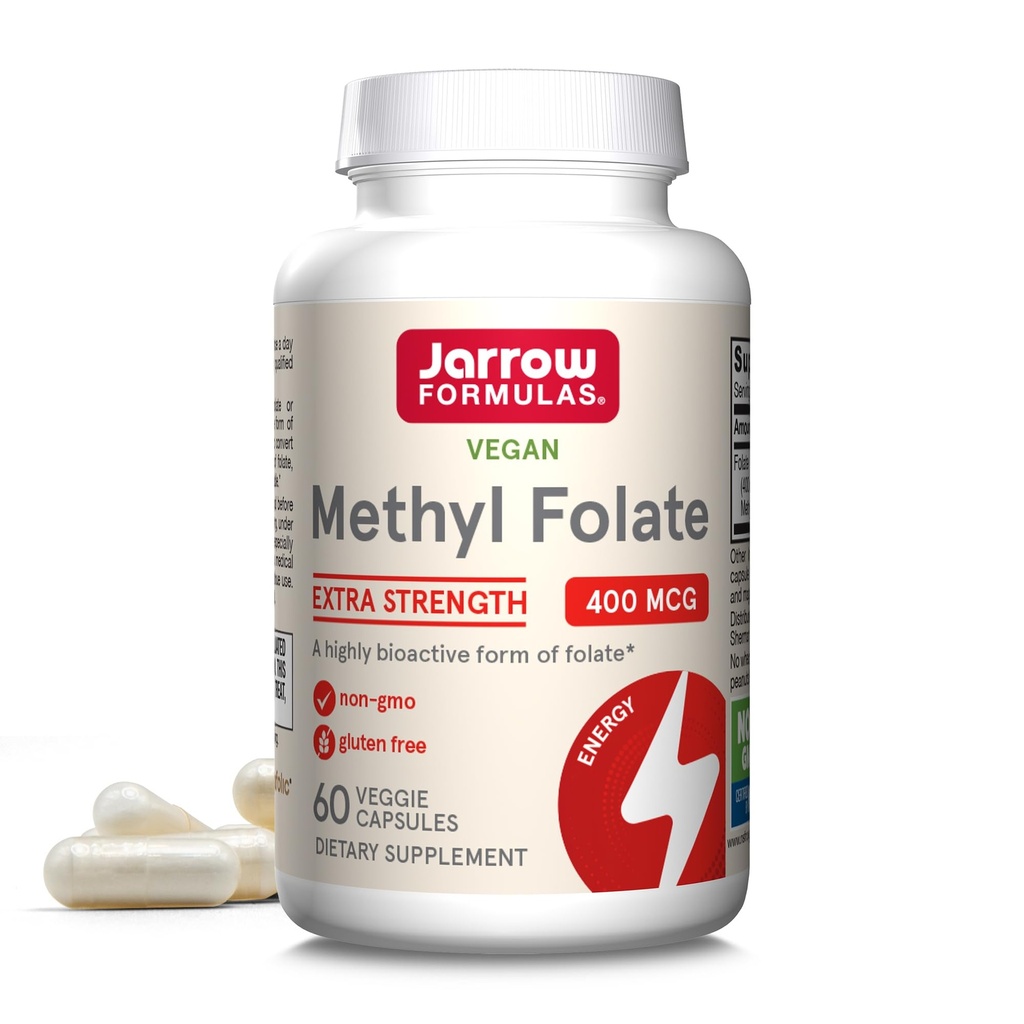 Fórmulas de trituración extra Metil Folate 400 mcg, Suplemento dietético para soporte de salud cardiovascular y neurológica, 60 cápsulas de verduras, 60 días de suministro