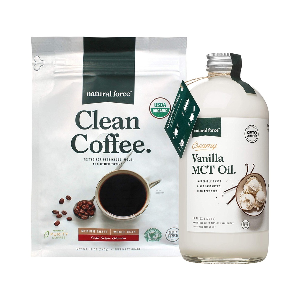 Natural Force Organic Clean Coffee + Creamy Vanilla MCT Oil Bundle – Flavored MCT Creamer & Mold & Mycotoxin Free Coffee – Non-GMO, Keto, Paleo y Vegan - 12 Oz Bag y 16 Oz Glass Bottle