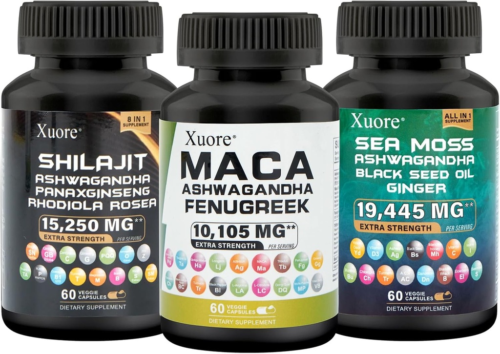 Bundle of Sea Moss,Shilajit,Maca, Black Seed Oil, Ashwagandha, Ginger, Shilajit, Rhodiola Rosea, Panax Ginseng, Maca Root, Fenugreek, Trifibranol100X,Todos en 1 Suplementos (1 Pack)