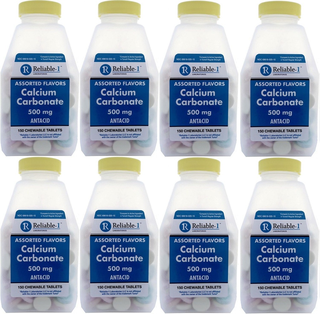Calcio 500 mg Genérico para Tums surtidos Frutas Flavored Chewable Tablets Regular Strength Antacid for Acid Indigestion, Heartburn, Sour Stomach 150 Chewable Tablets per Bottle Pack of 8