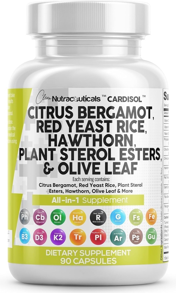 Nutracéuticos limpios Citrus Bérgamot Rice de levadura roja cápsulas con esterol vegetal - con hoja de oliva extracto Hawthorn Niacina Vitamina K3 D3 COQ10 Guggul &amp; Más