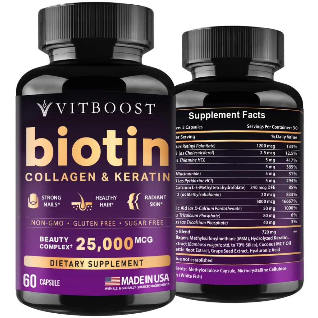 VITBOOST Biotina con ácido hialurónico, colágeno y queratina – 25000 mcg Crecimiento del cabello Vitaminas para hombres y mujeres – uñas y piel, EE.UU. Hecho - Terceros testados, B1, B2, B3, B6, Complejo B7 - 60 cápsulas