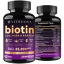 VITBOOST Biotina con ácido hialurónico, colágeno y queratina – 25000 mcg Crecimiento del cabello Vitaminas para hombres y mujeres – uñas y piel, EE.UU. Hecho - Terceros testados, B1, B2, B3, B6, Complejo B7 - 60 cápsulas