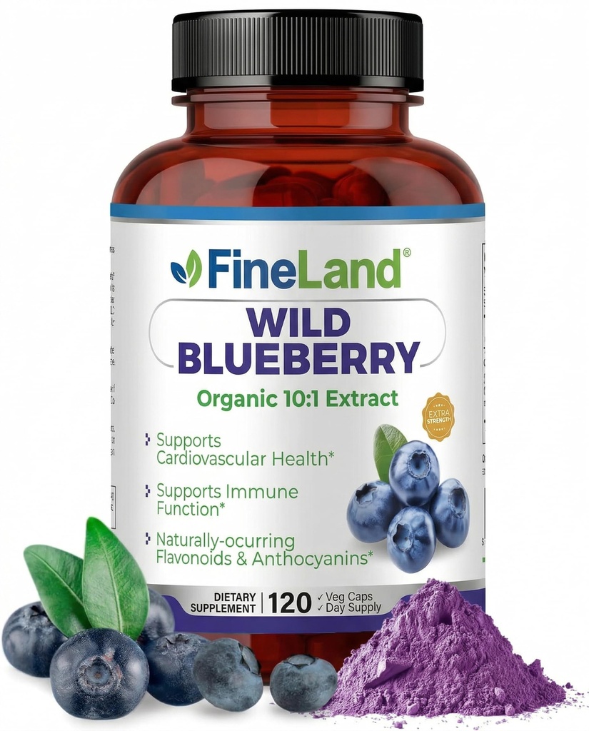 FineLand Wild Blueberry 10:1 Extracto, 6.000 mg Strength, 120 cápsulas Vegan, Rich in Flavonoids &amp; Anthocyanins, Antioxidant Support for Brain & Heart Health, 4-Month Supply, Non-GMO Made in USA
