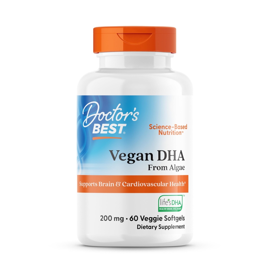 Médicos mejor vegano DHA de Algae, apoya la salud cerebral, no transgénico, libre de gluten, soy libre, vegano 60 Veggie Softgels