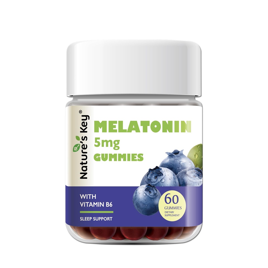 Mangas de Melatonina Clave de la Naturaleza para Adultos Niños, Gummy de Dose 5 mg con Vitamina B6, No GMO, Sabor de Blueberry sin gluten 60 Conde