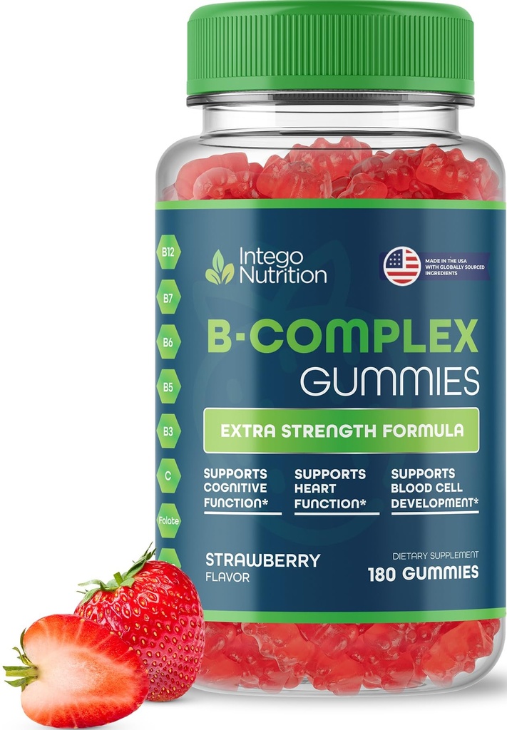 Vitamina B Complejo Gummies para Adultos, B Complejo Suplemento Vitamina para Mujeres y Hombres, B Vitaminas Complejo Gummies para Energía y Salud Cerebro, Sabor de Fresa Natural, 180 Condes