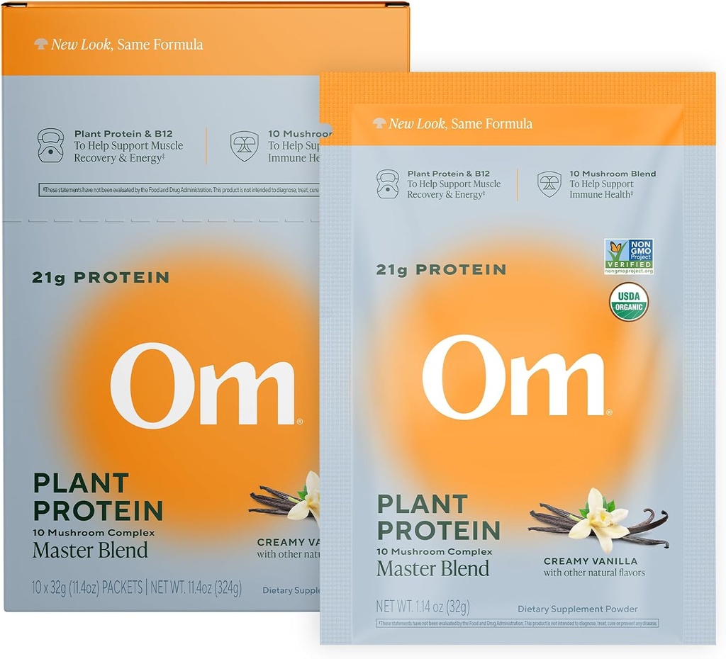 Om Master Blend Vegan Protein Powder, Vainilla, 21g de Proteína Vegetal - Suplemento de Setas Orgánicas con 10 Complejo de Setas, Ashwagandha, BCAAs y Vitamina B12 - Única Serve (10 Conde)