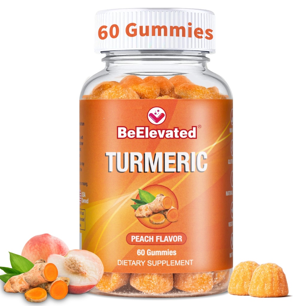 Curcumin Turmeric Gummies – Extra Strength 2000mg 8:1 Extracto Turmeric Suplemento Gummies con Pepper Negro y jengibre – Vegan Non-GMO Joint Support Chewables – Peach Flavor, 60 Conde
