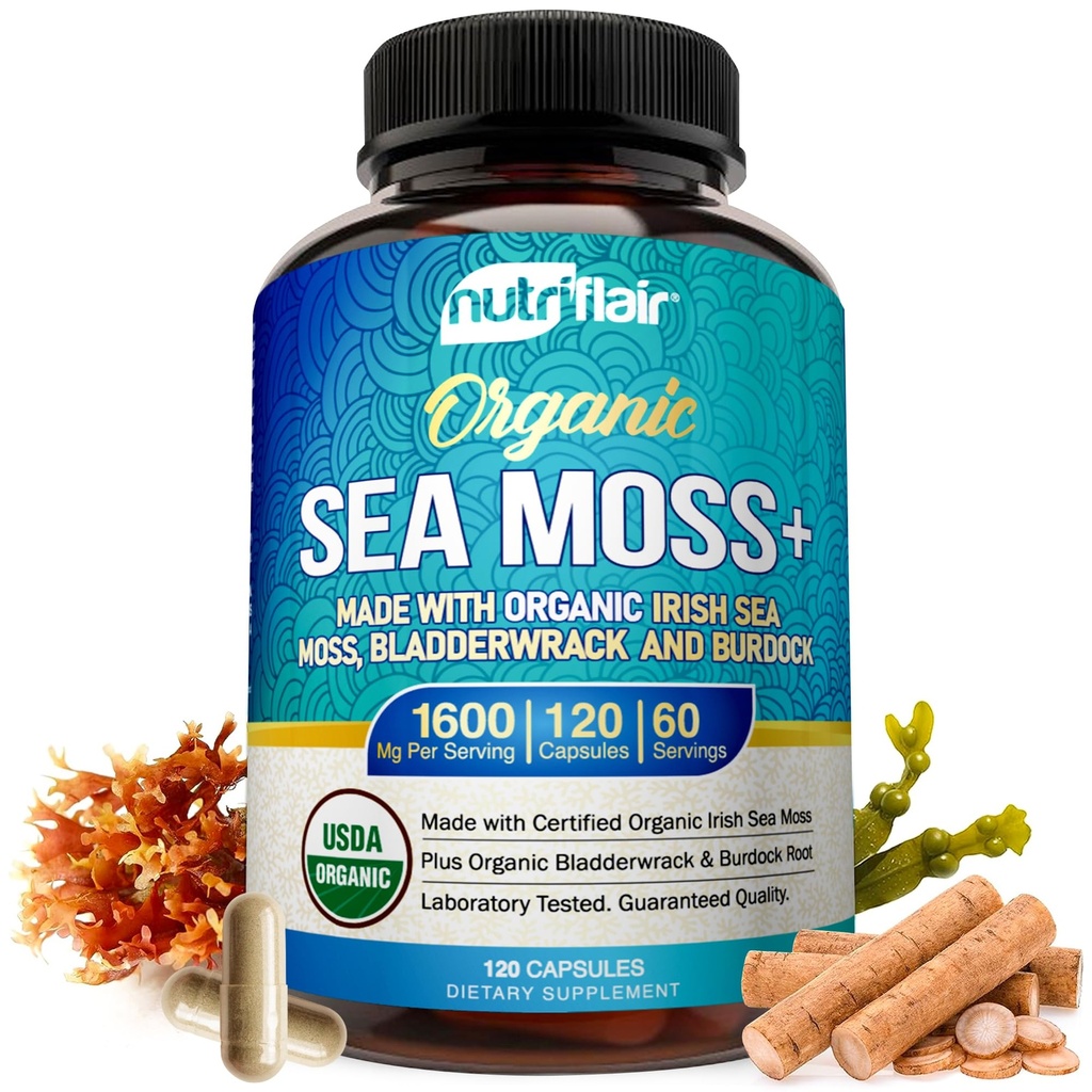 NutriFlair Organic Sea Moss 1600mg, 120 Capsules Plus Bladderwrack &amp; Burdock - Prebiotic Super Food - Immune System &amp; Digestive Health - Thyroid, Healthy Skin, Keto Detox, Gut