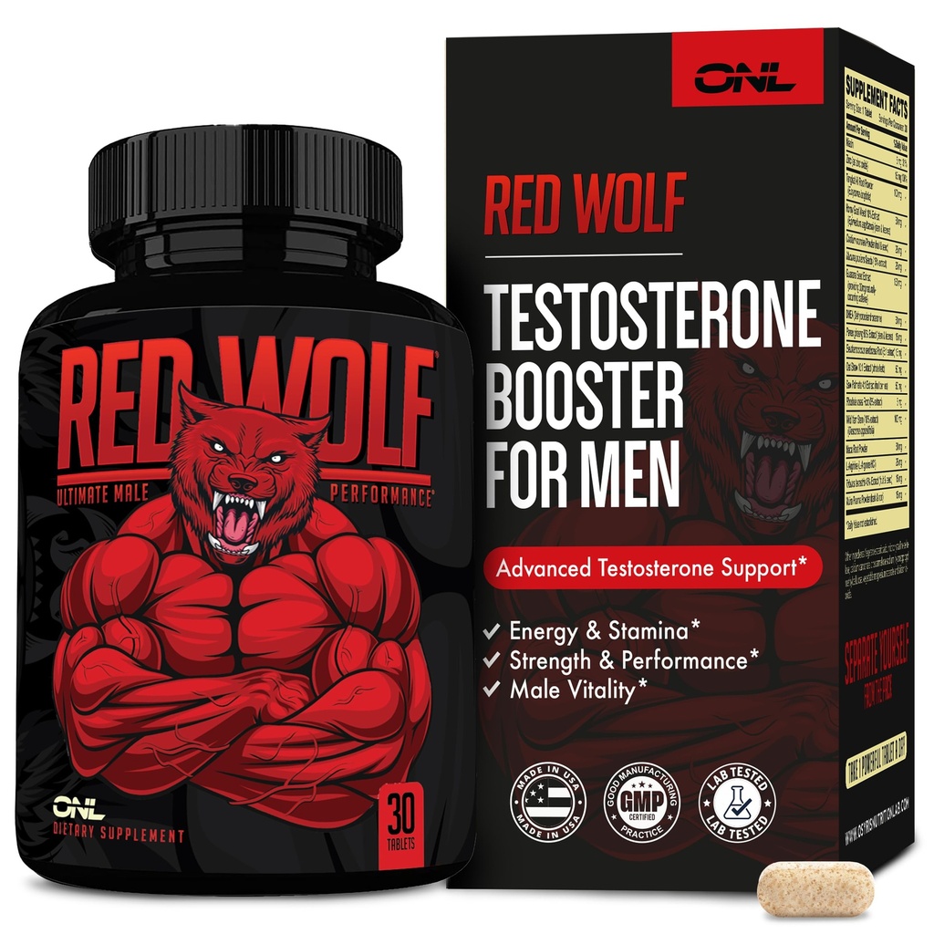 Booster de testosterona de lobo rojo ONL para hombres - Suplemento de último hombre para la resistencia de alta potencia, energía y fuerza - suplemento de testosterona para hombres - w/Tongkat Ali Male Enhancement - 30 Ct