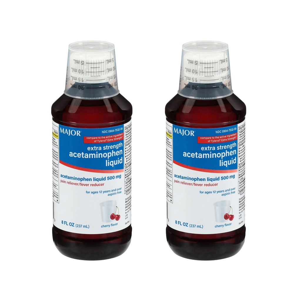 MAJOR Adult Extra Strength Liquid Acetaminophen 500mg - Ayuda a aliviar el dolor y reducir las fiebres - Aspirin Gratis - Cherry Flavor - 8 Fl Oz (2 Pack)
