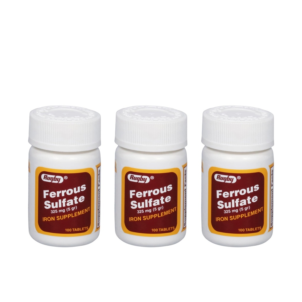 Rugby Ferrous Sulfate 325mg Tablets - Suplemento de hierro para mujeres y hombres - 100 Cuenta (3 Pack)
