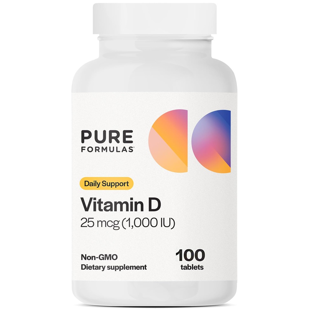 PureFormulas Vitamina D3 1000 UI 25 mcg - Suplemento Premium de Vitamina D para la Formación Sanitaria de Huesos, Dientes, Salud Cardiovascular y Apoyo Inmunitario No GMO - 100 Tablas Cuenta