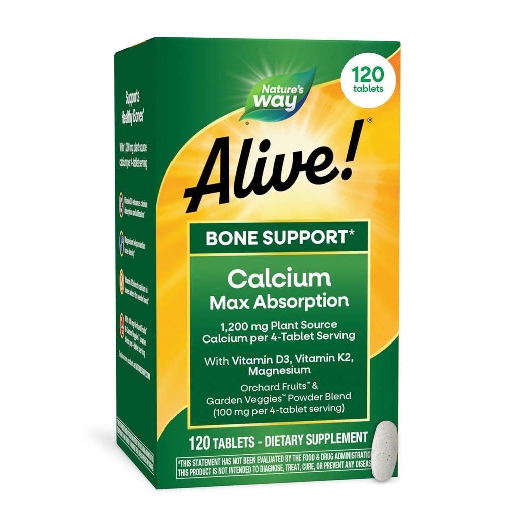 ¡La naturaleza está viva! Calcium Max Absorption, Bone Support*, Plant Source Calcium, Vitamin D3 & K2, Magnesium, 120 Tablets (Packaging May Vary)