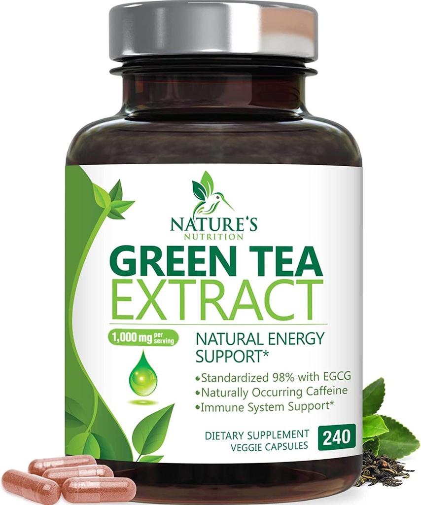 Green Tea Extract Capsules 1000mg 98% Standardized EGCG - 3X Strength for Natural Energy - Heart Support with Polyphenols - Gentle Caffeine - 240 cápsulas
