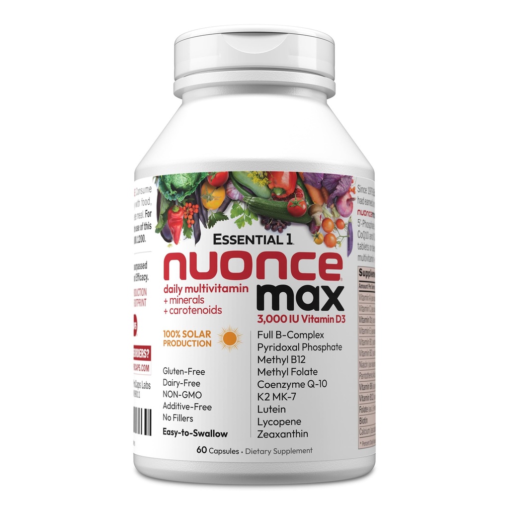 ANDREW LESSMAN Essential-1 nuonce max Multivitamin 3000 IU Vitamin D3 60 cápsulas pequeñas. 100 mcg Methyl B12. CoQ10 Lutein Lycopene Zeaxanthin. High Potency. Sin aditivos. Ultra-Mild One Daily Capsule