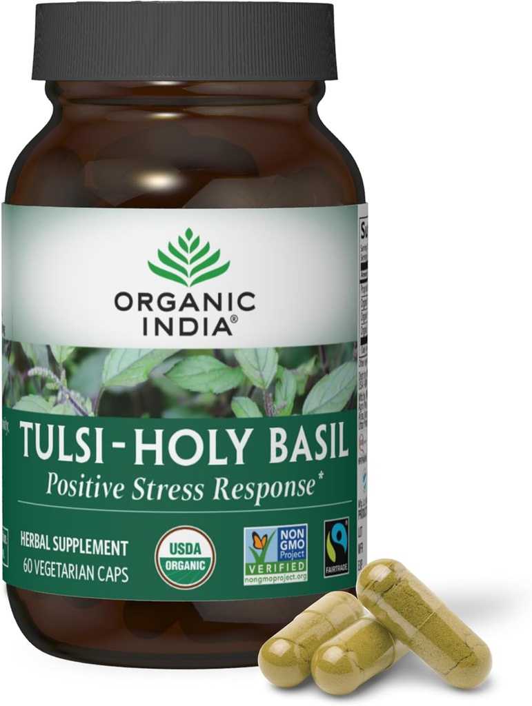 ORGANIC INDIA Tulsi Holy Basil Capsules - Holy Basil Extract - Holy Basil Leaf Supplement, Herbal Supplement, Immune Support, Stress Relief, Vegan, Gluten-Free, Kosher, Organic, Non-GMO - 60 cápsulas