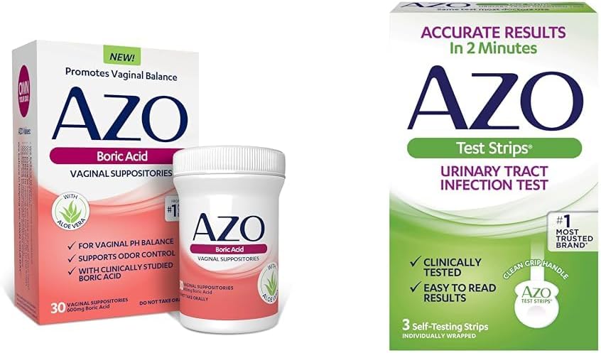AZO Boric Acid Vaginal Suppositories Ayuda a apoyar el control de olores y balance Vaginal PH, 30 Conde de Infección de Tracto urinario (UTI) Test Strips, Resultados exactos en 2 minutos, 3 Conde
