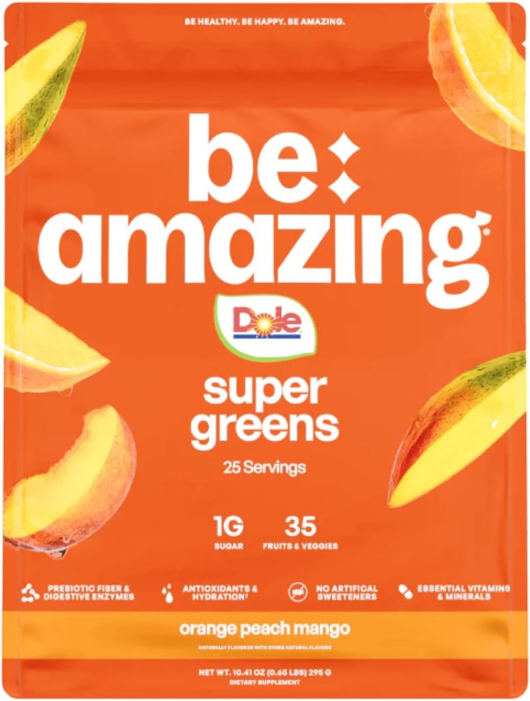 SER AMAZING Super Greens Powder with Prebiotics, Digestive Enzymes & Antioxidants, 35 Fruits & Veggies, Electrolytes & Fiber, Vegan, Gluten Free Juice & Smoothie Mix, Dole Orange Peach Mango, 25 Serv
