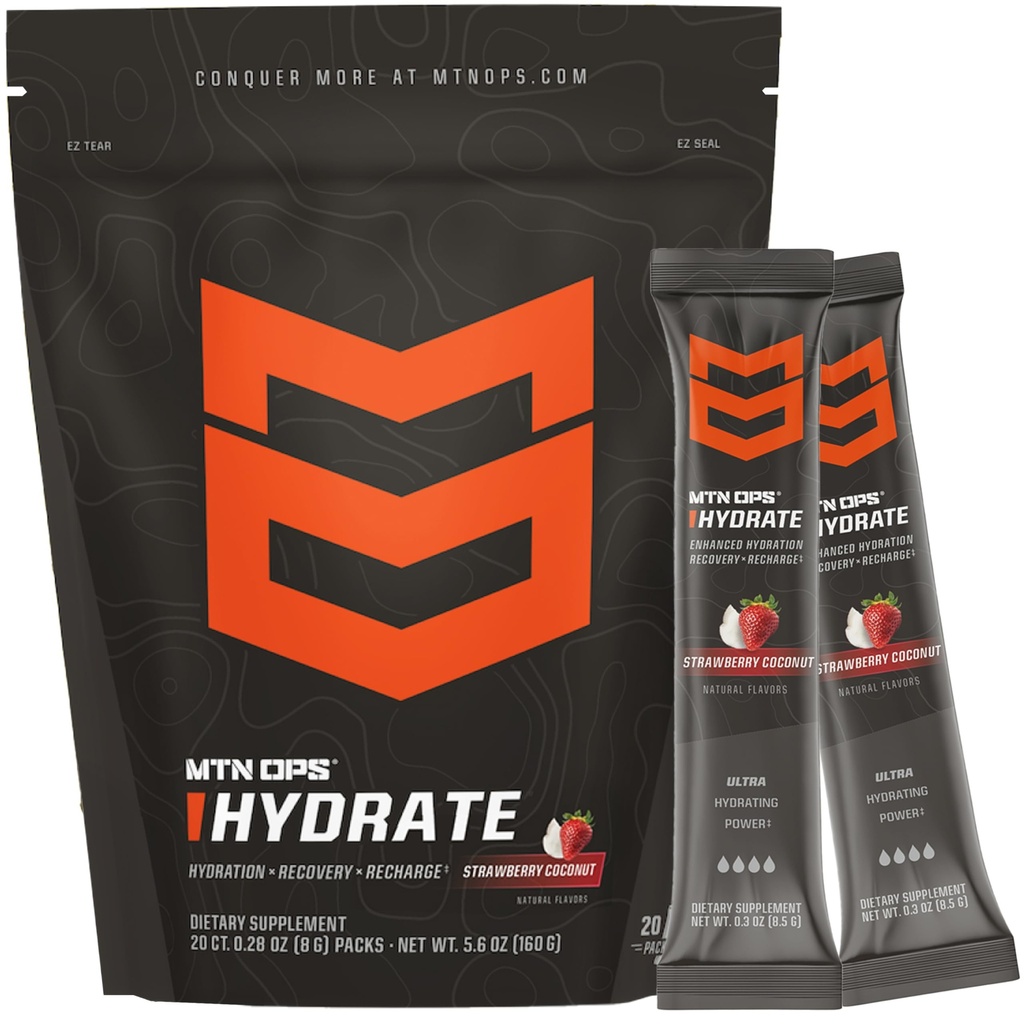 MTN OPS Hydrate Electrolytes Powder Drink Mix, 20 Single Serving On-The-Go Electrolyte Packs con más de 1000 mg de electrolitos por Serving, Strawberry Coconut