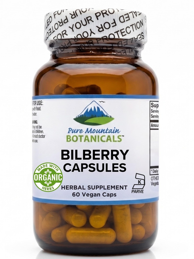 Pure Mountain Botanicals Bilberry Extract Suplemento Vegan Kosher Capsules con 250 mg de hoja de arándano orgánico &amp; 50 mg Potent Extract of Billberries