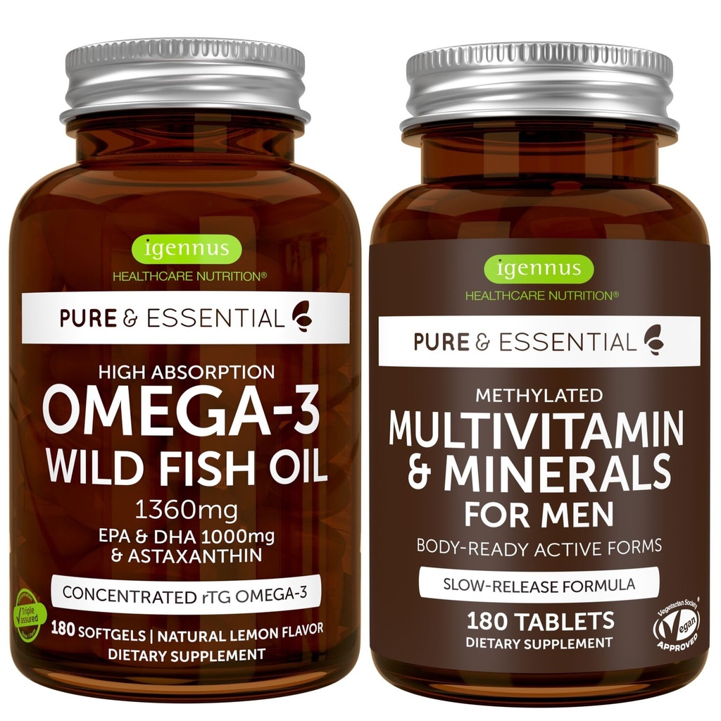 Alta Absorción Omega-3 Wild Fish Oil + Methylated Men's Multivitamin Bundle, 1000mg EPA & DHA 180 Softgels + Sustained Release Multivitamin 180 Tablets, por Igennus