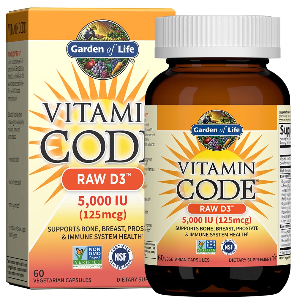 Jardín de la vida Vitamina D3 5000 UI, Suplementos alimenticios integrales crudos con clorella, frutas, verduras " Probióticos para la salud ósea " , 60 cápsulas vegetarianas